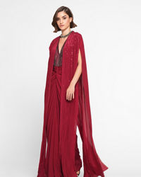 Twamev Women Twinkling Red Georgette Indo Western