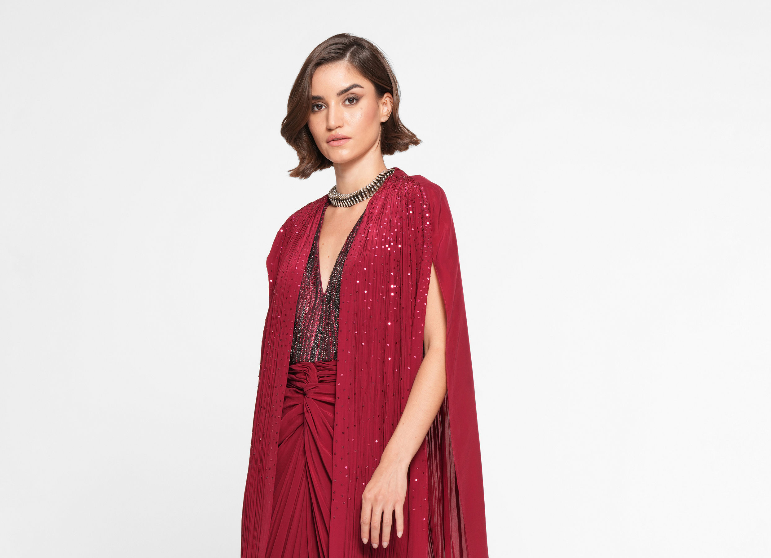 Twamev Women Twinkling Red Georgette Indo Western