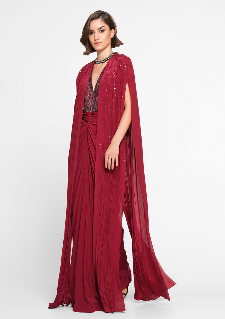 Twamev Women Twinkling Red Georgette Indo Western
