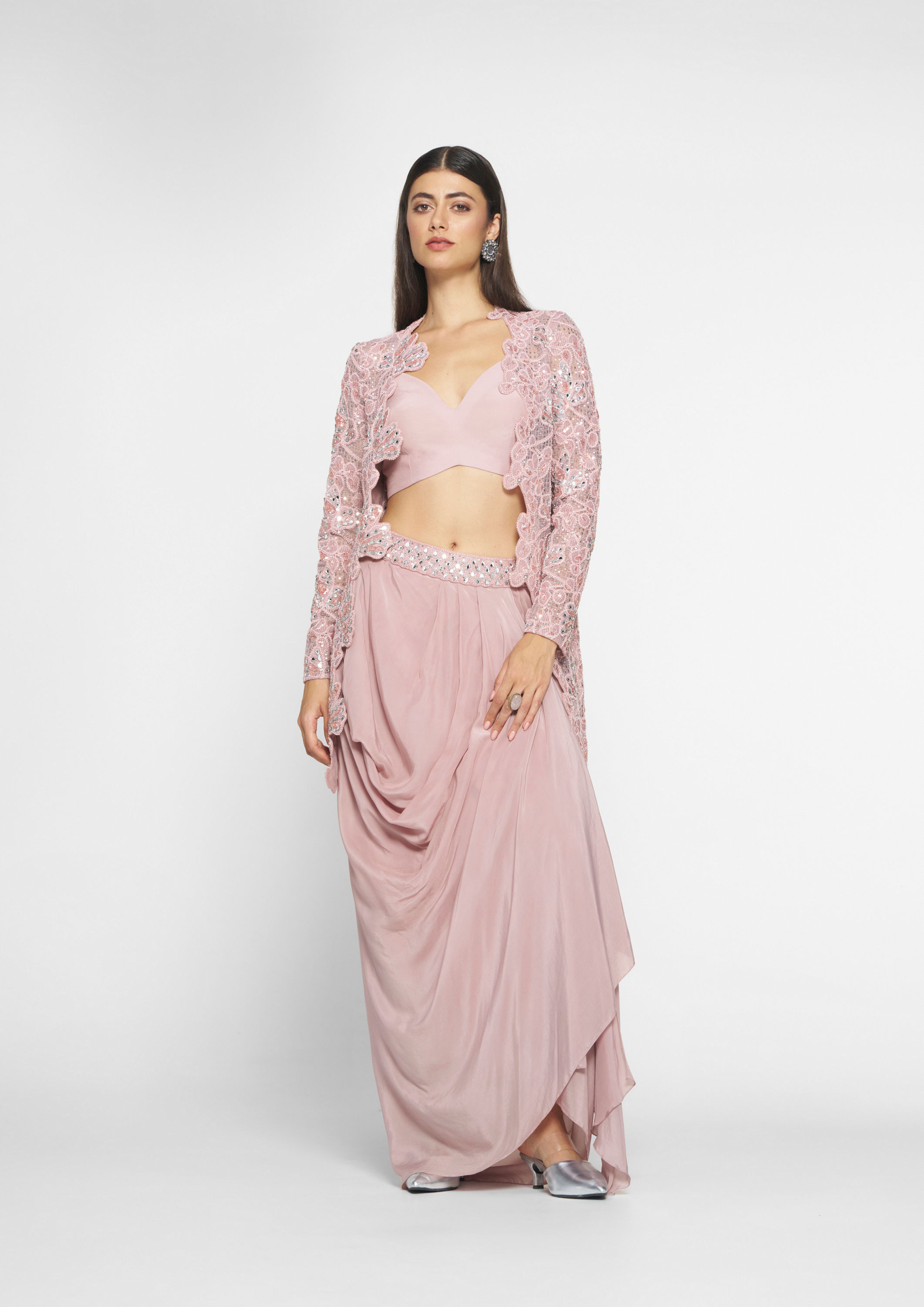 Twamev Women Dusty Pink Satin Fusion Elegance Indo Western