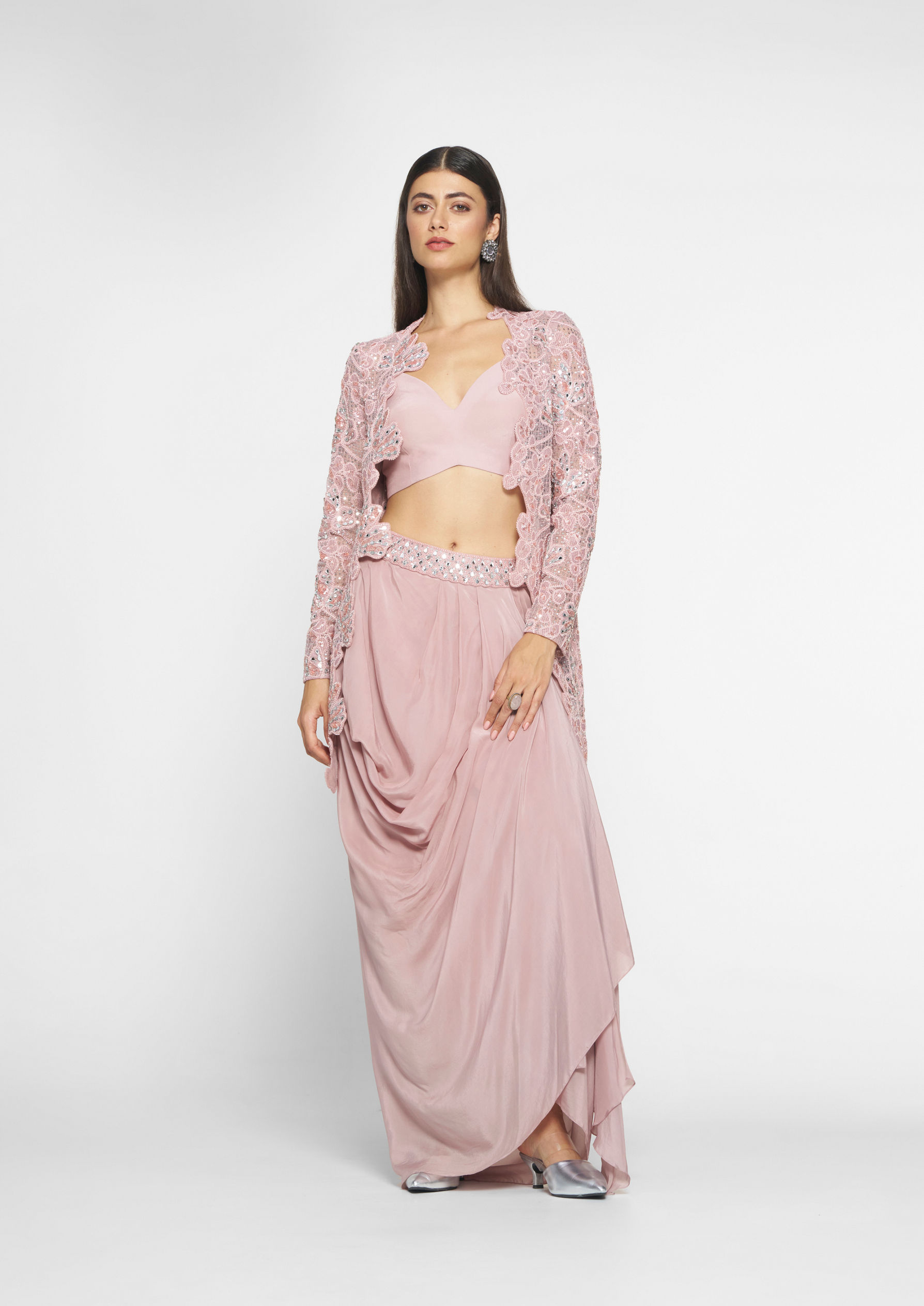 Twamev Women Dusty Pink Satin Fusion Elegance Indo Western