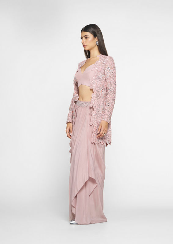 Twamev Women Dusty Pink Satin Fusion Elegance Indo Western