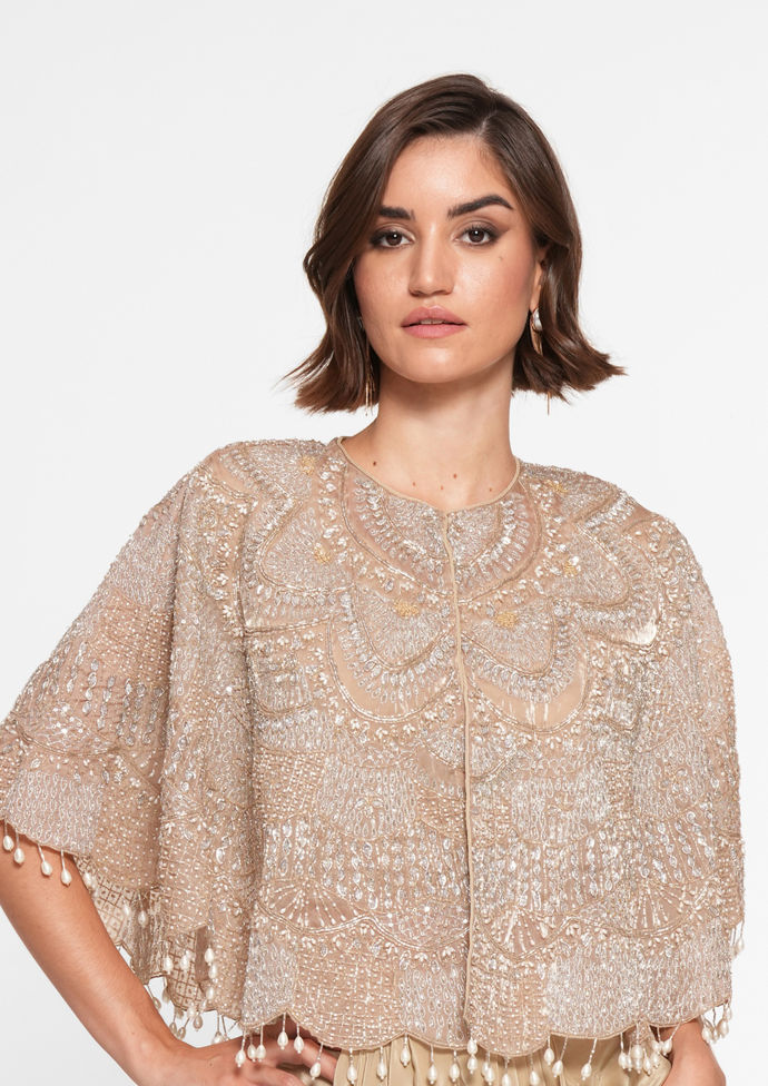 Twamev Women Beige Silk Aari Embroidered Cape Top With Skirt