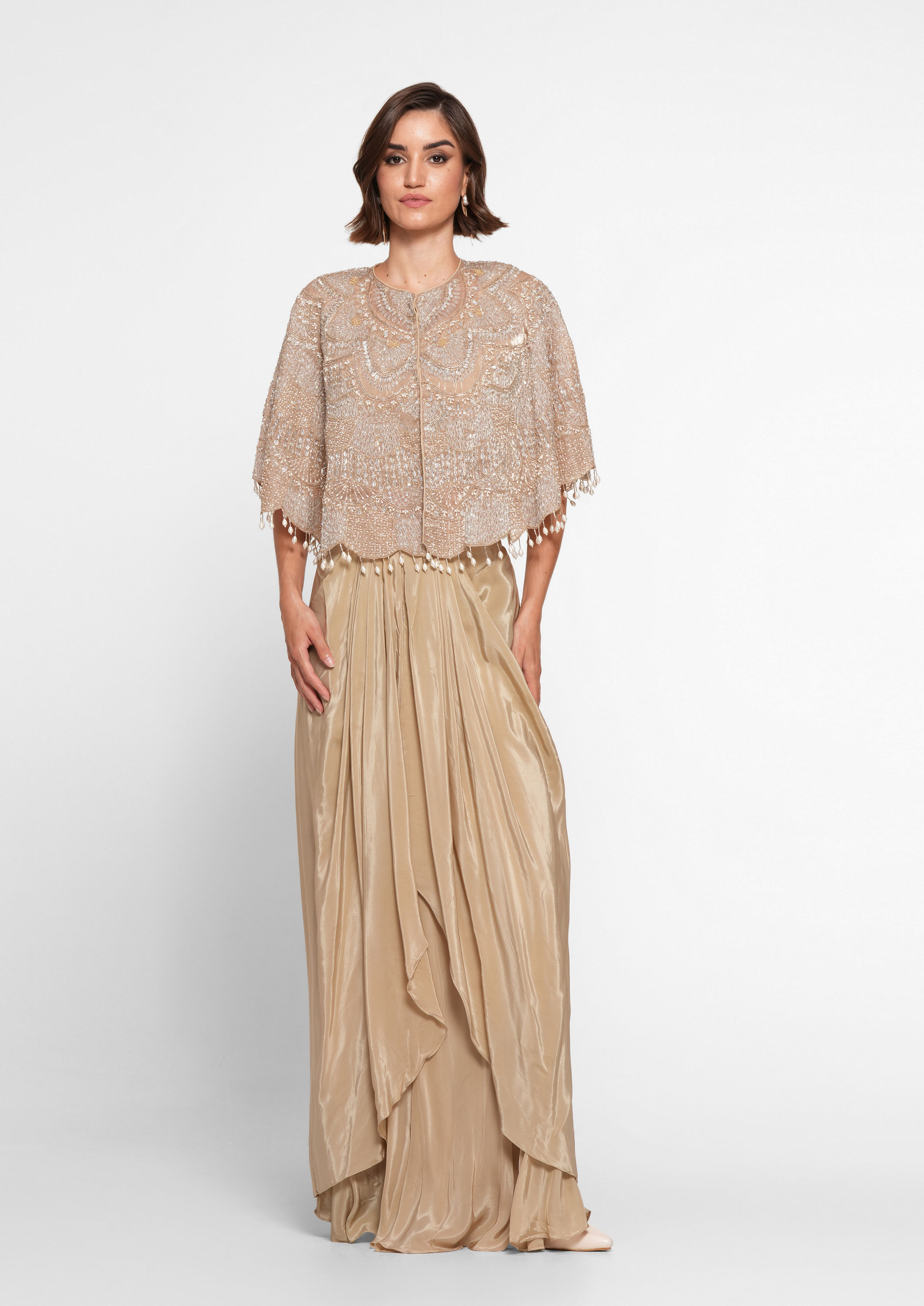 Twamev Women Beige Satin Indo Western Ensemble