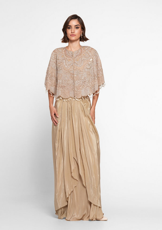 Twamev Women Beige Silk Aari Embroidered Cape Top With Skirt