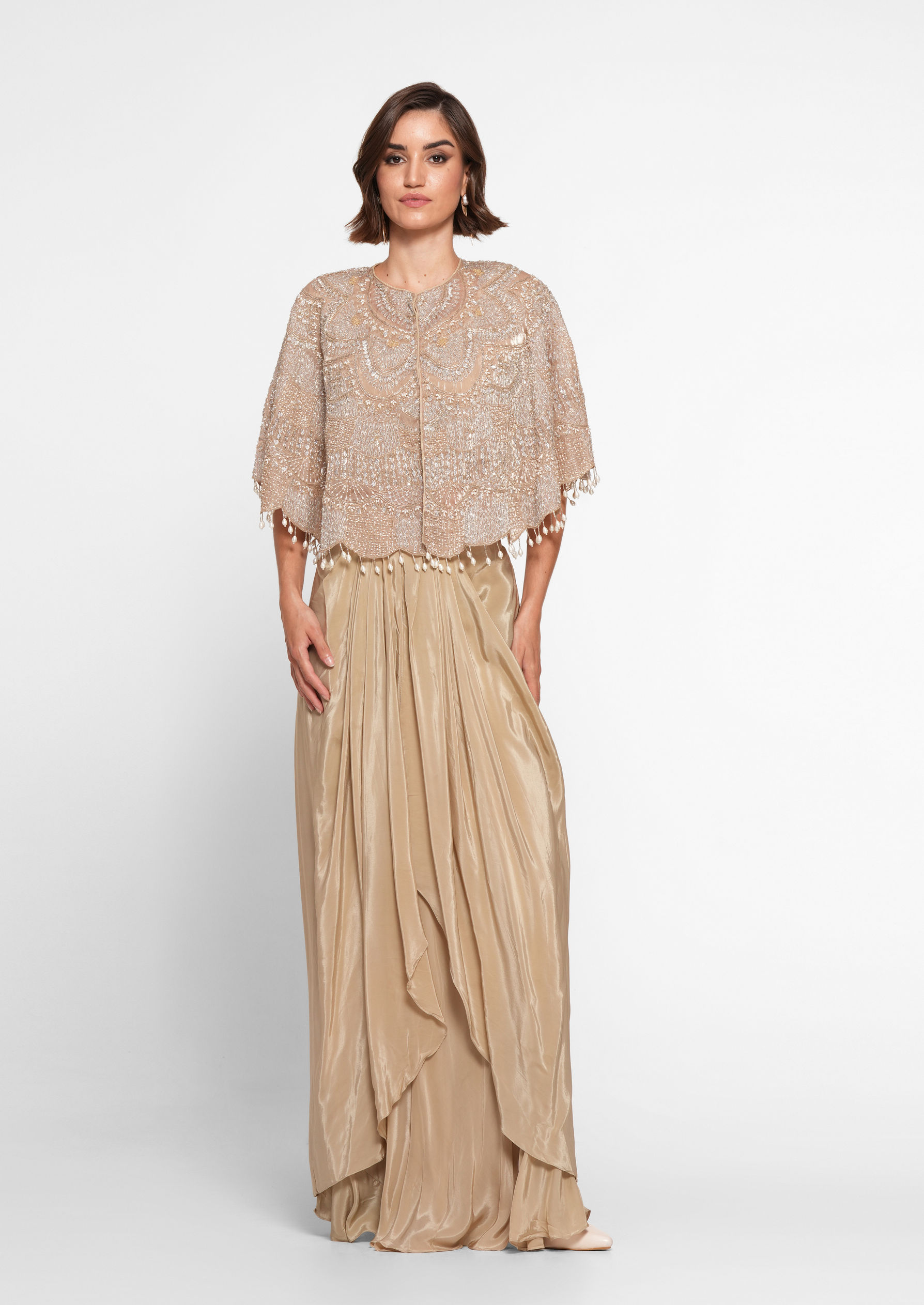 Twamev Women Beige Satin Indo Western Ensemble