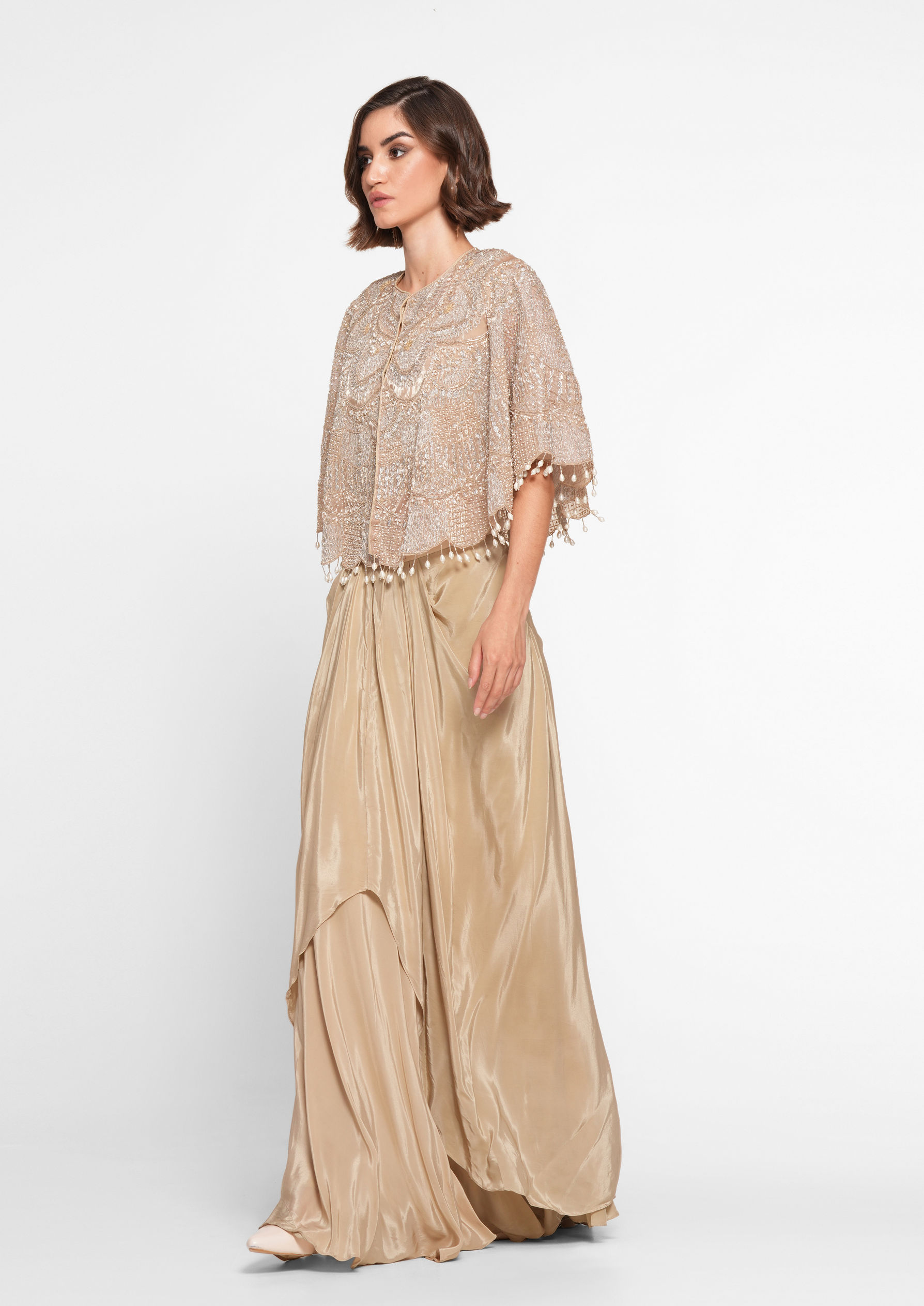 Twamev Women Beige Satin Indo Western Ensemble