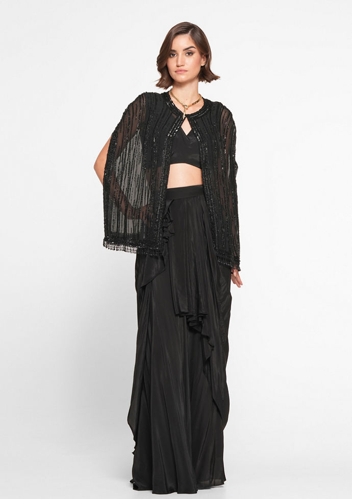 Twamev Women Black Silk Sequin Embroidered Cape Top With Draped Skirt