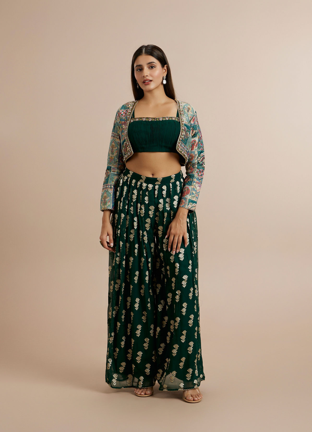 Buy Bottle Green Silk Embroidered Bolero Top With Palazzo Online 