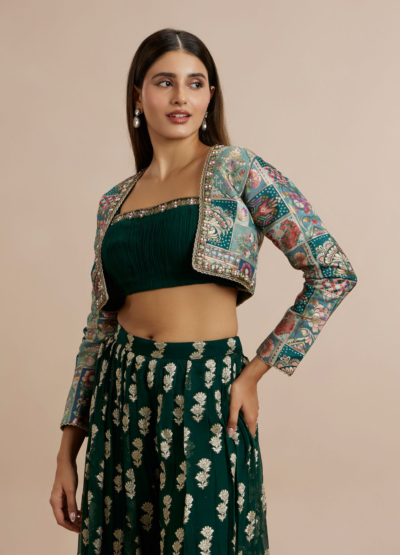 Buy Bottle Green Silk Embroidered Bolero Top With Palazzo Online 