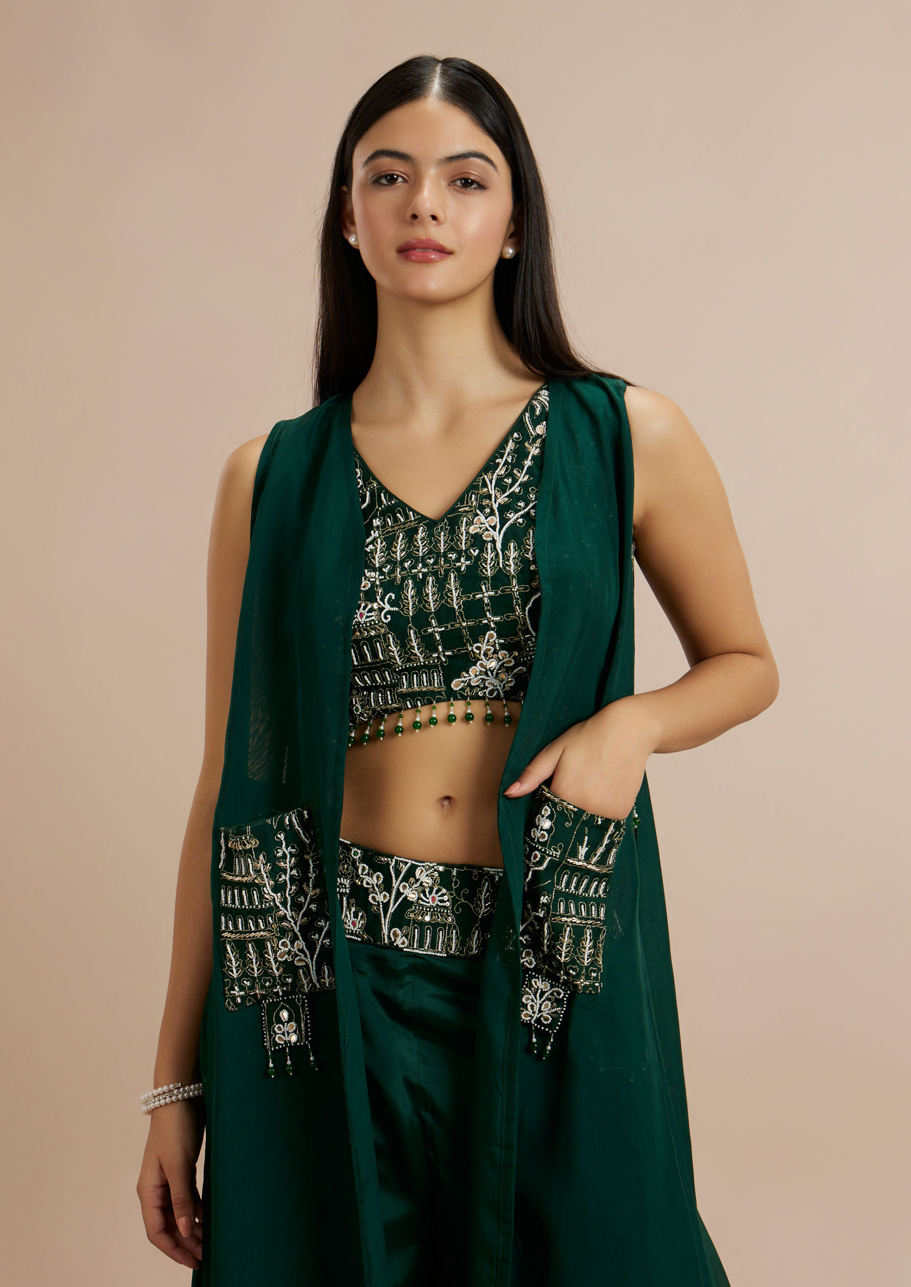 Twamev Women Enthralling Green Georgette Indo Western