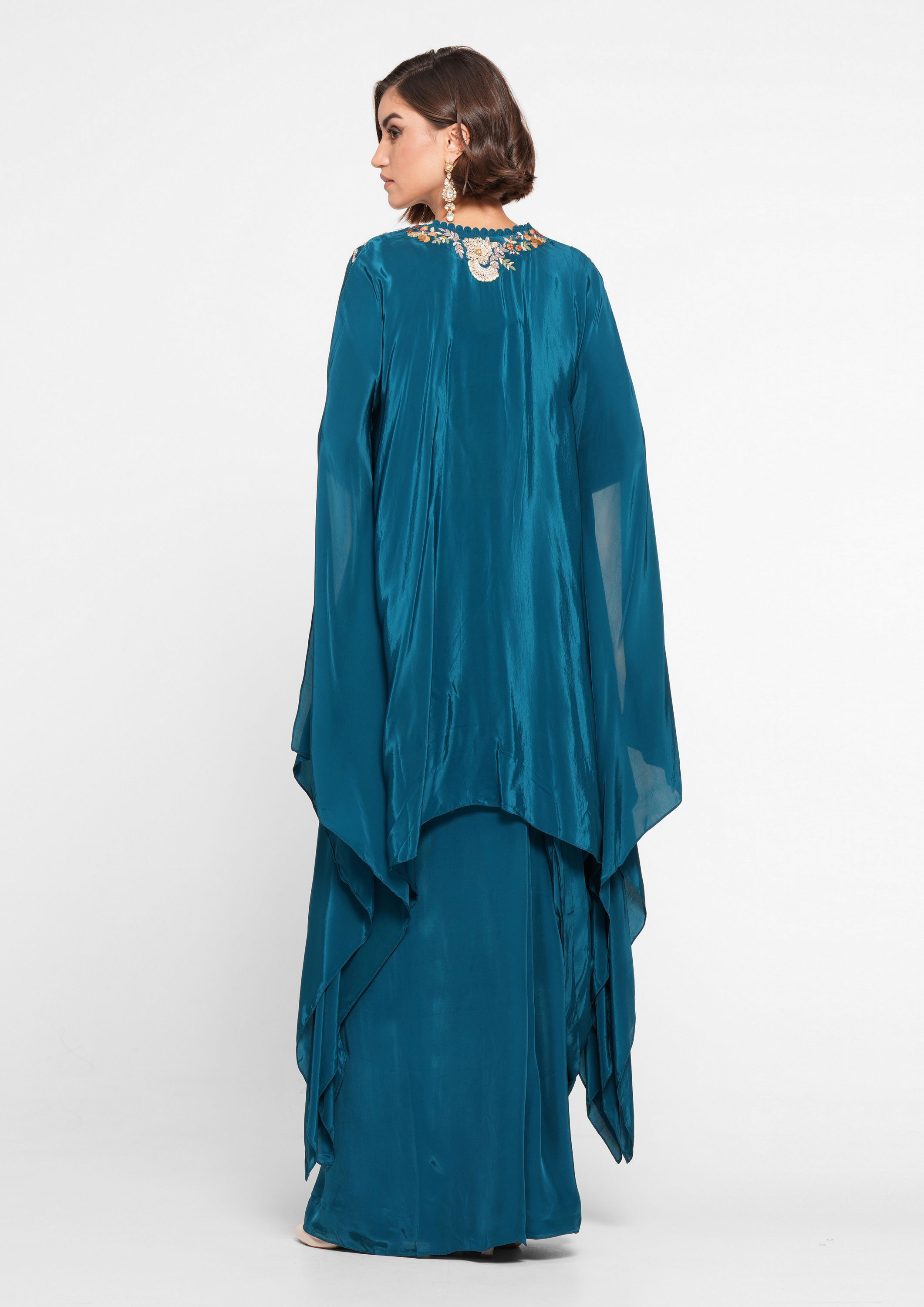 Twamev Women Glittering Blue Satin Indo Western