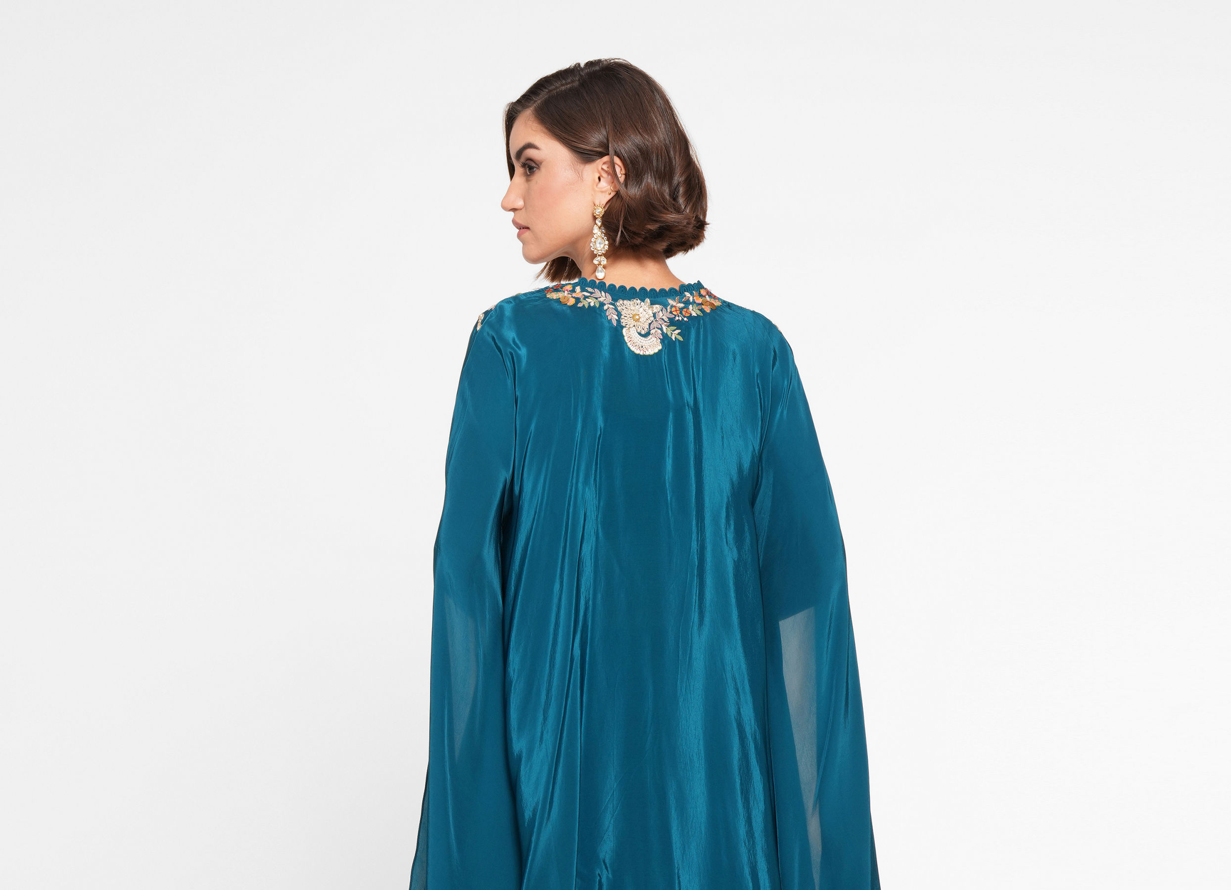 Twamev Women Glittering Blue Satin Indo Western