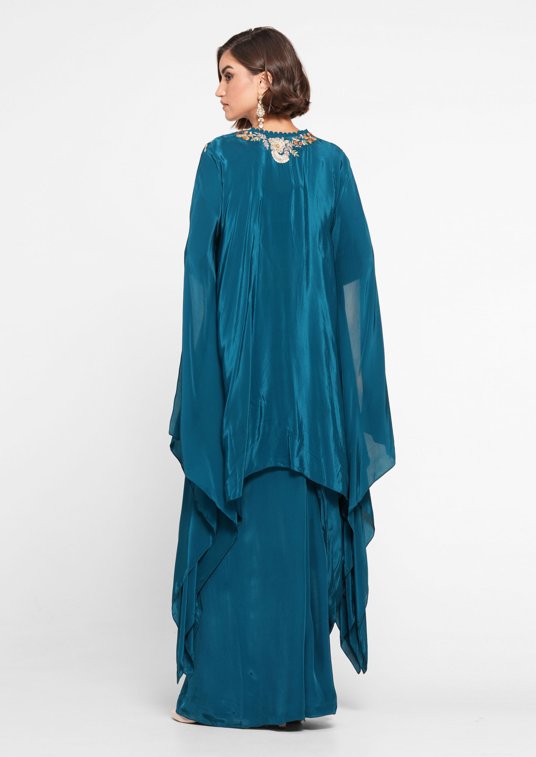Twamev Women Glittering Blue Satin Indo Western