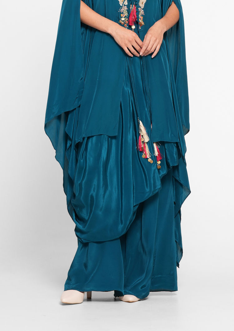 Twamev Women Glittering Blue Satin Indo Western