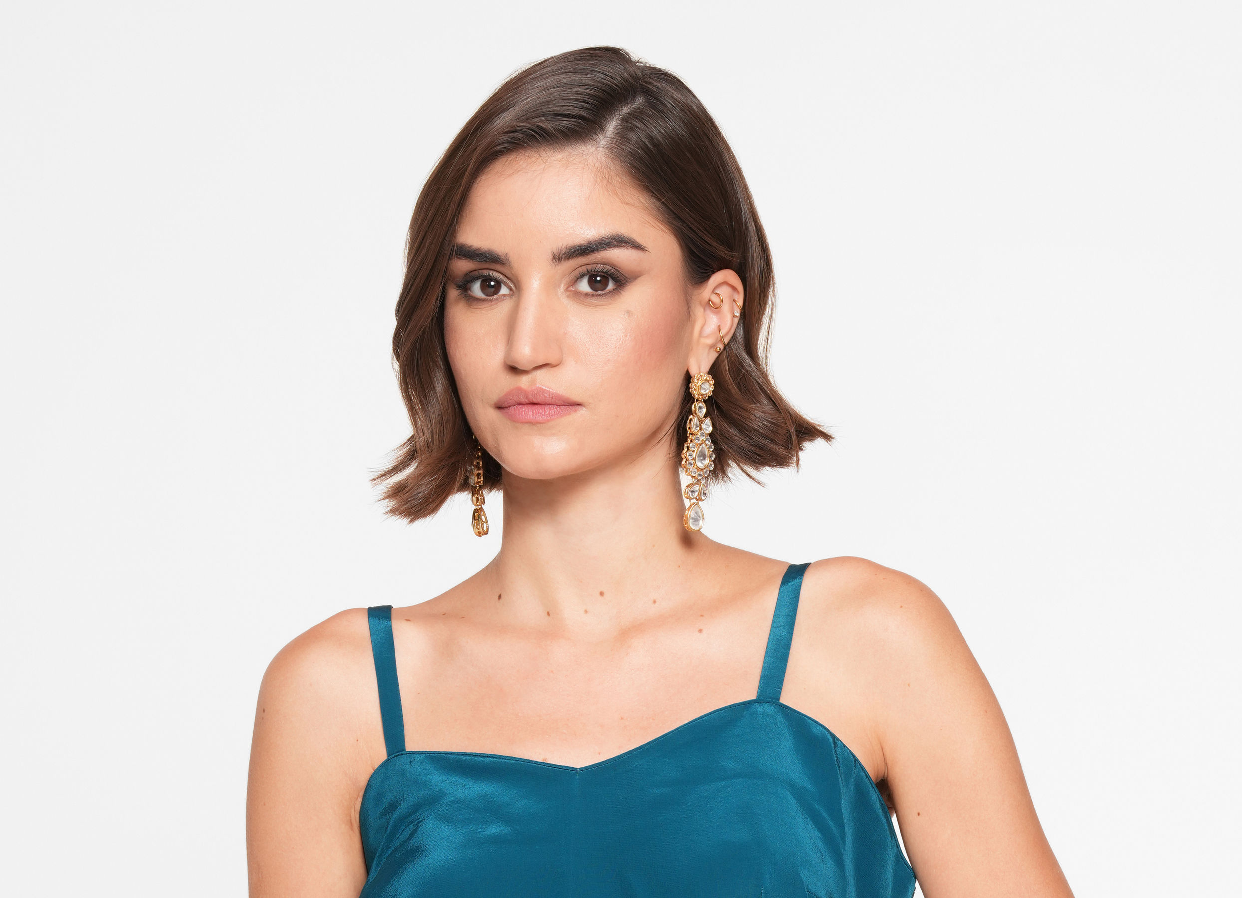 Twamev Women Glittering Blue Satin Indo Western