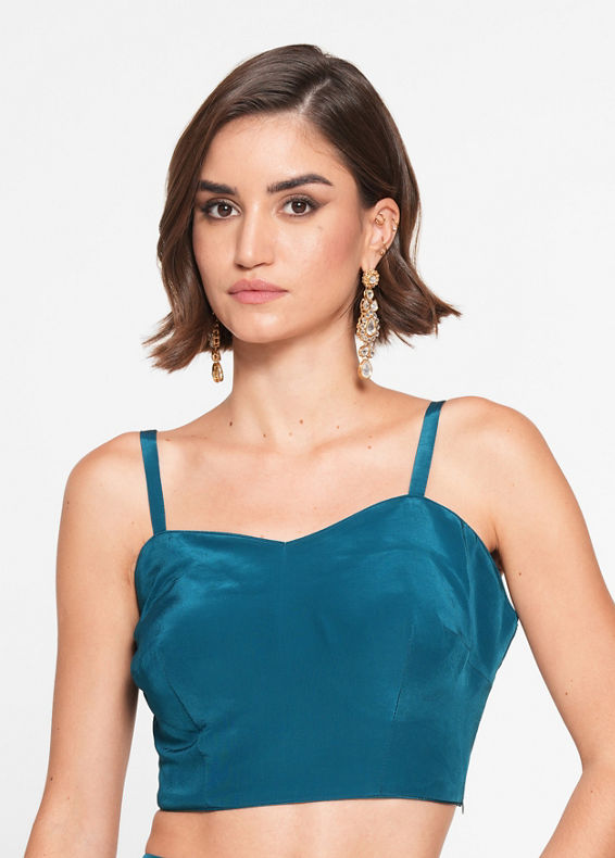 Twamev Women Glittering Blue Satin Indo Western