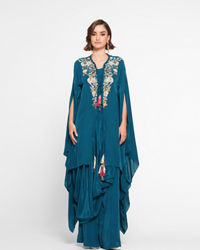 Twamev Women Glittering Blue Satin Indo Western