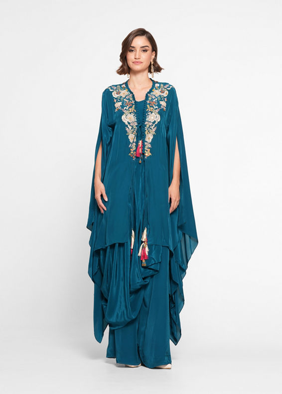 Twamev Women Glittering Blue Satin Indo Western
