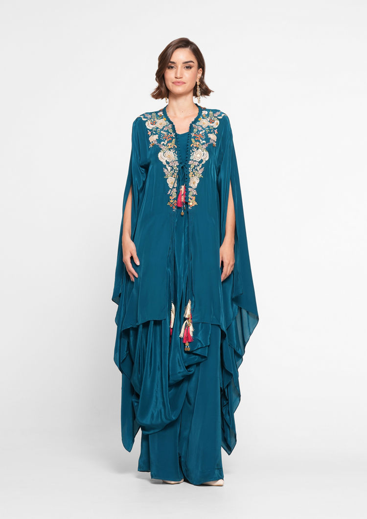 alt message - Twamev Women Glittering Blue Satin Indo Western image number 0