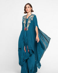 Twamev Women Glittering Blue Satin Indo Western