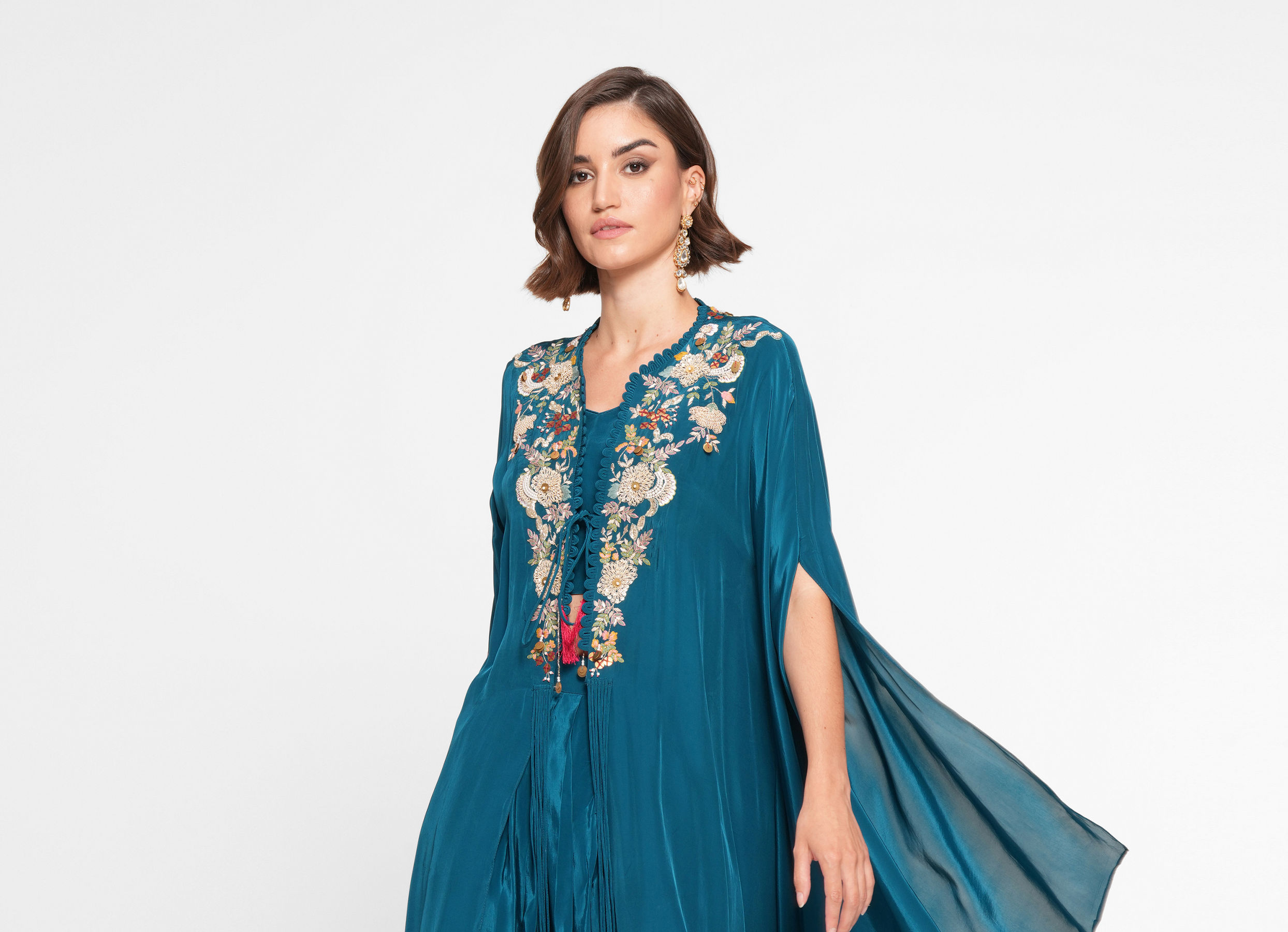 Twamev Women Glittering Blue Satin Indo Western