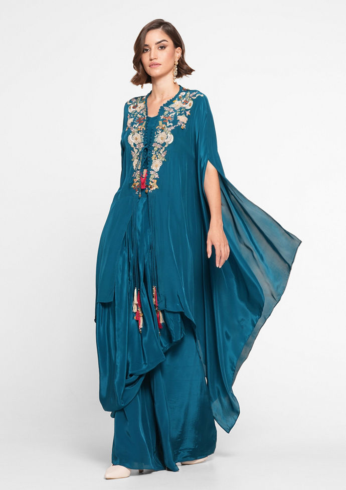 alt message - Twamev Women Glittering Blue Satin Indo Western image number 2