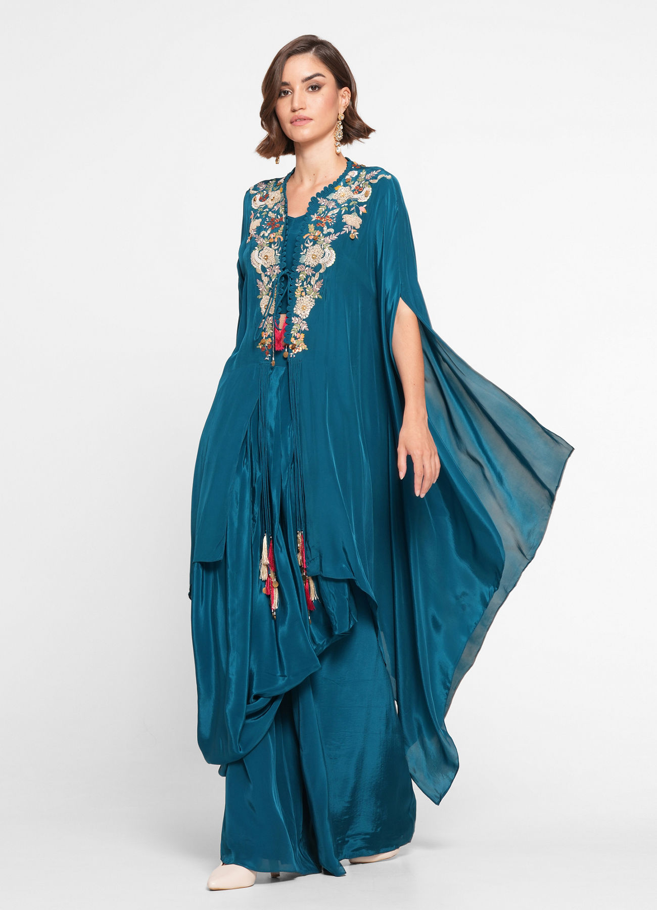 Twamev Women Glittering Blue Satin Indo Western
