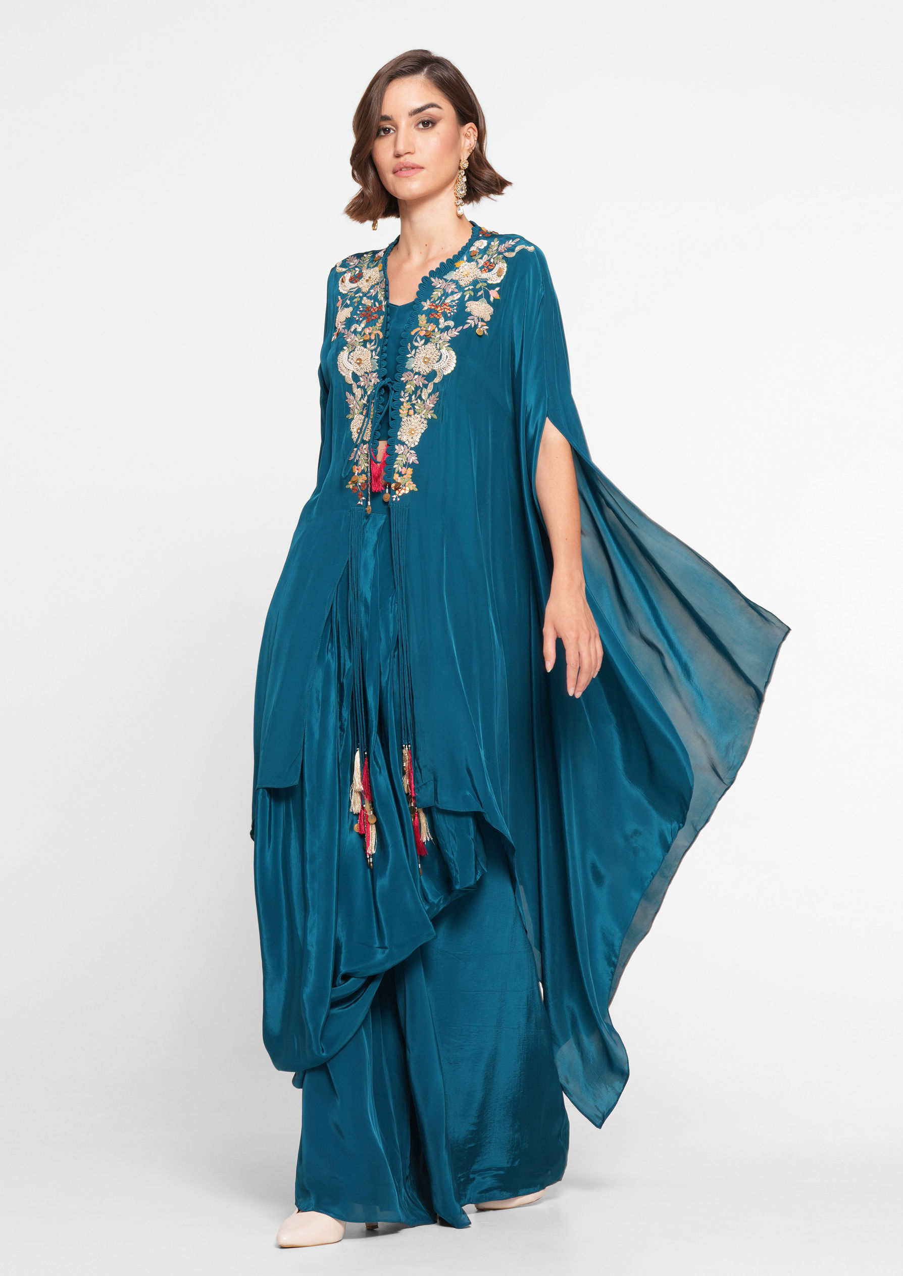 Twamev Women Glittering Blue Satin Indo Western