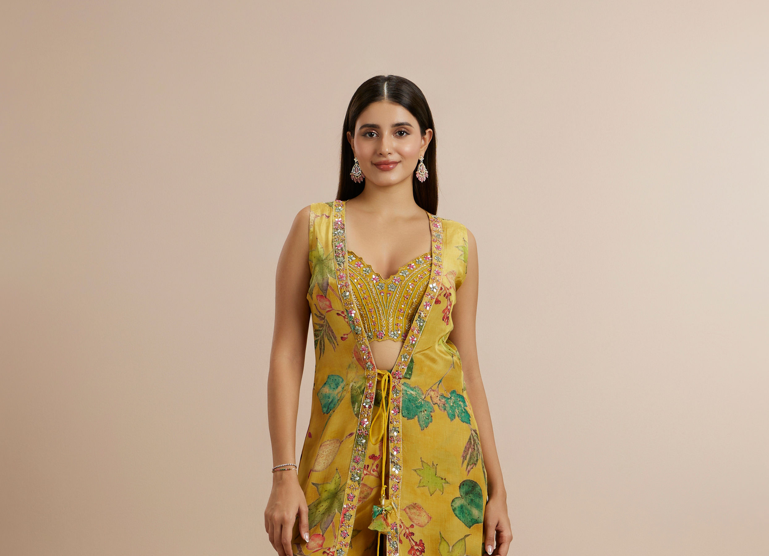 Twamev Women Mustard Yellow Satin Ensemble Indo Western