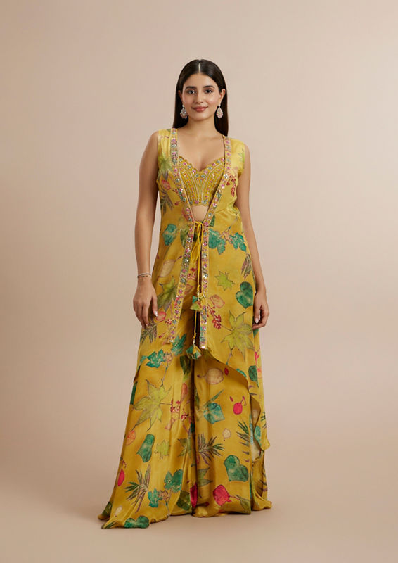 Twamev Women Mustard Yellow Satin Ensemble Indo Western