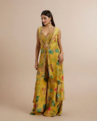Twamev Women Mustard Yellow Satin Ensemble Indo Western