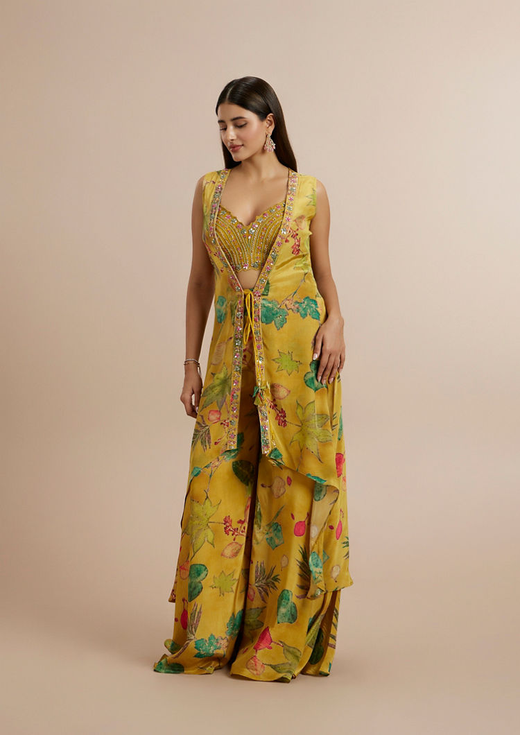 Twamev Women Mustard Yellow Satin Ensemble Indo Western