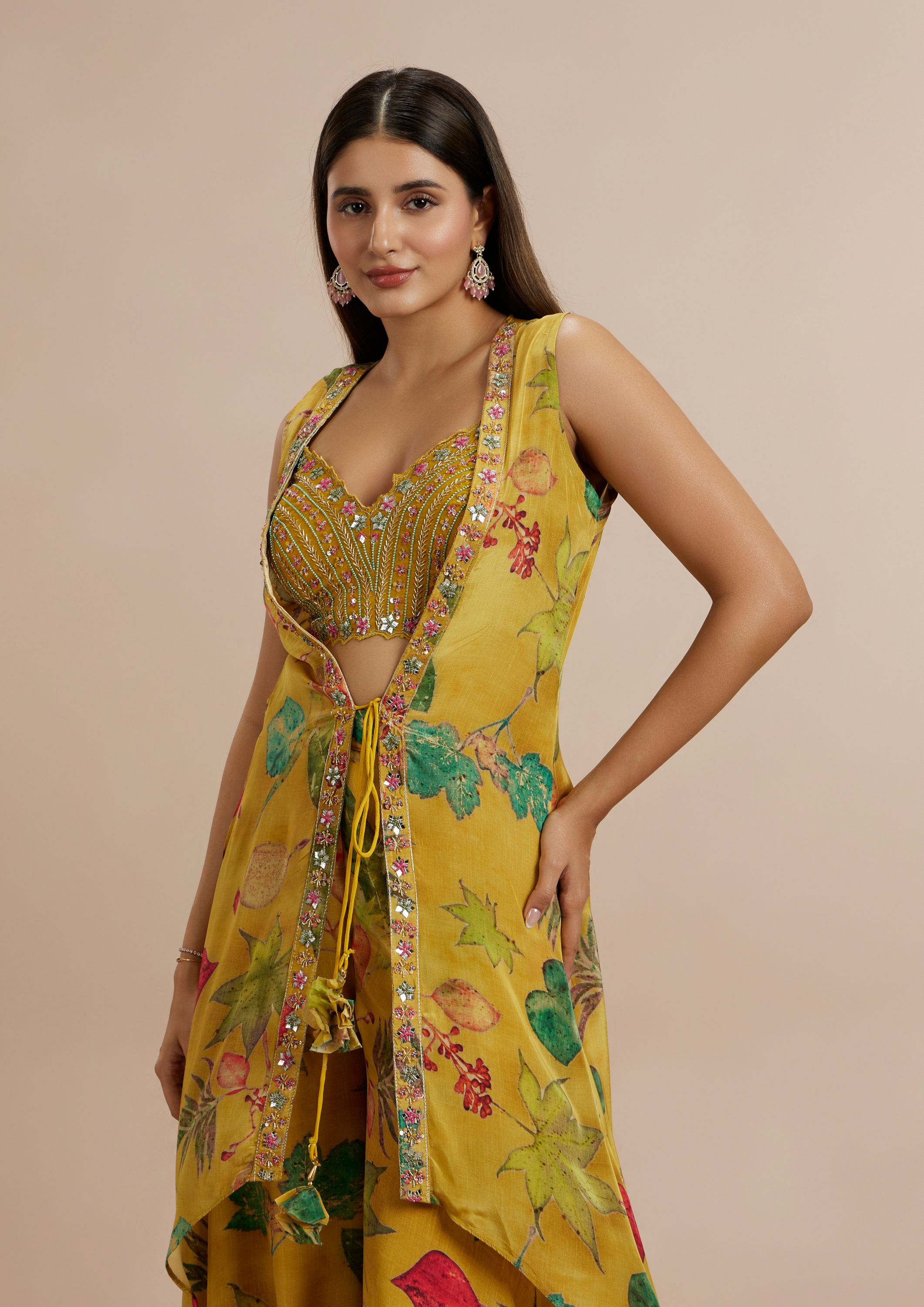 Twamev Women Mustard Yellow Satin Ensemble Indo Western