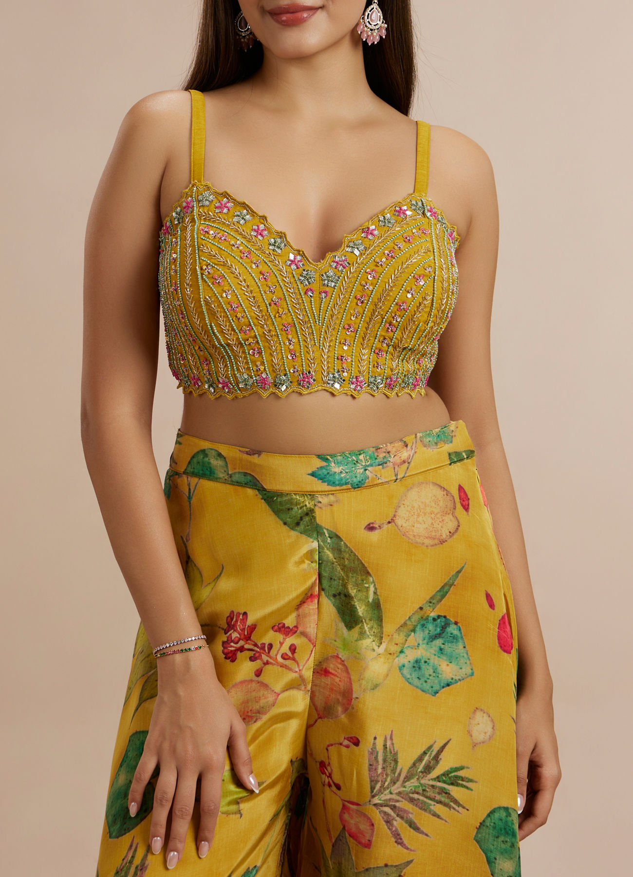 Twamev Women Mustard Yellow Satin Ensemble Indo Western