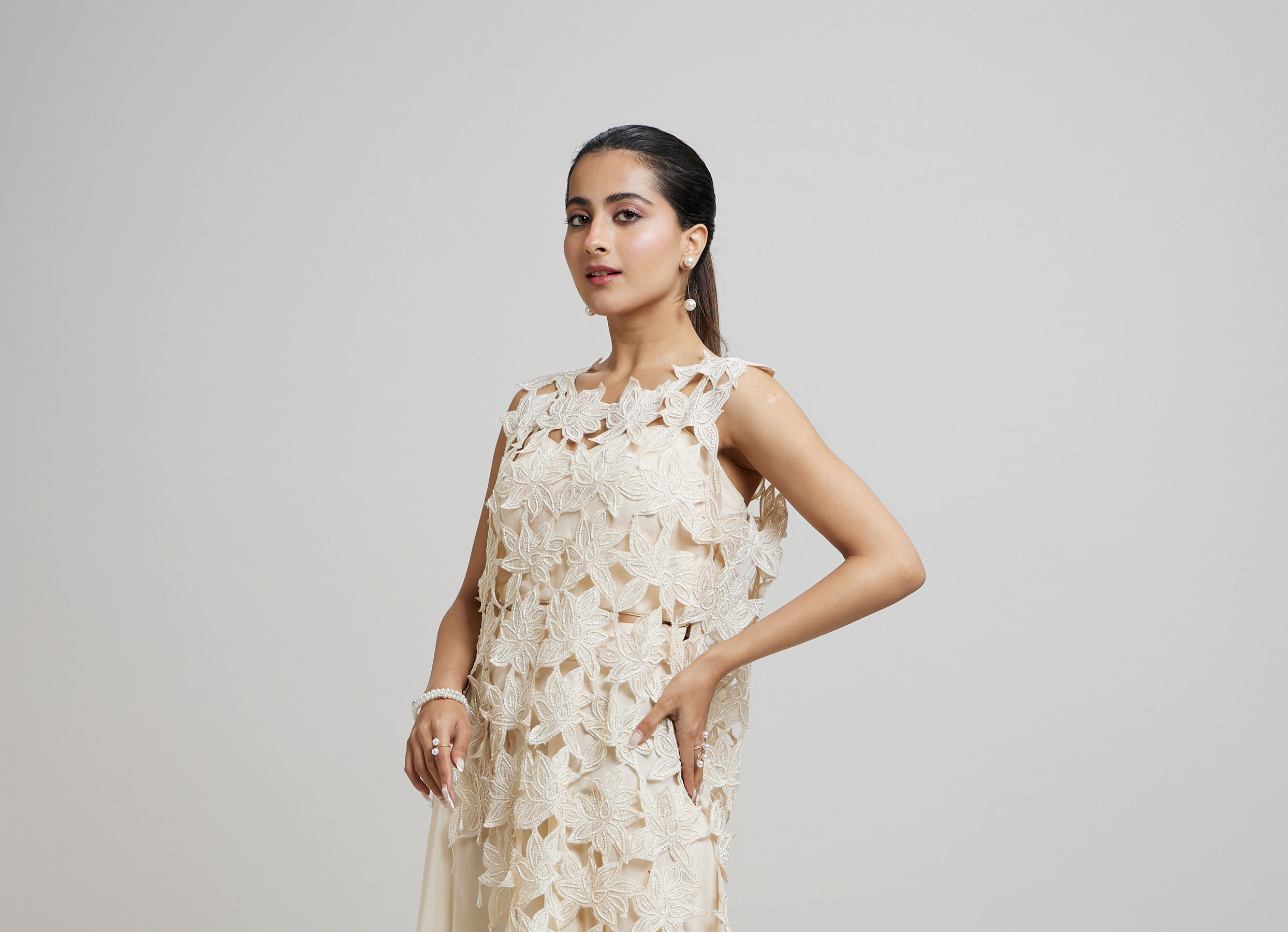 Twamev Women Heavenly Cream Organza Indo Western