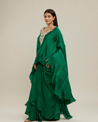 Twamev Women Emerald Green Silk Neck Embroidered Ruffle Cape Top With Draped Skirt