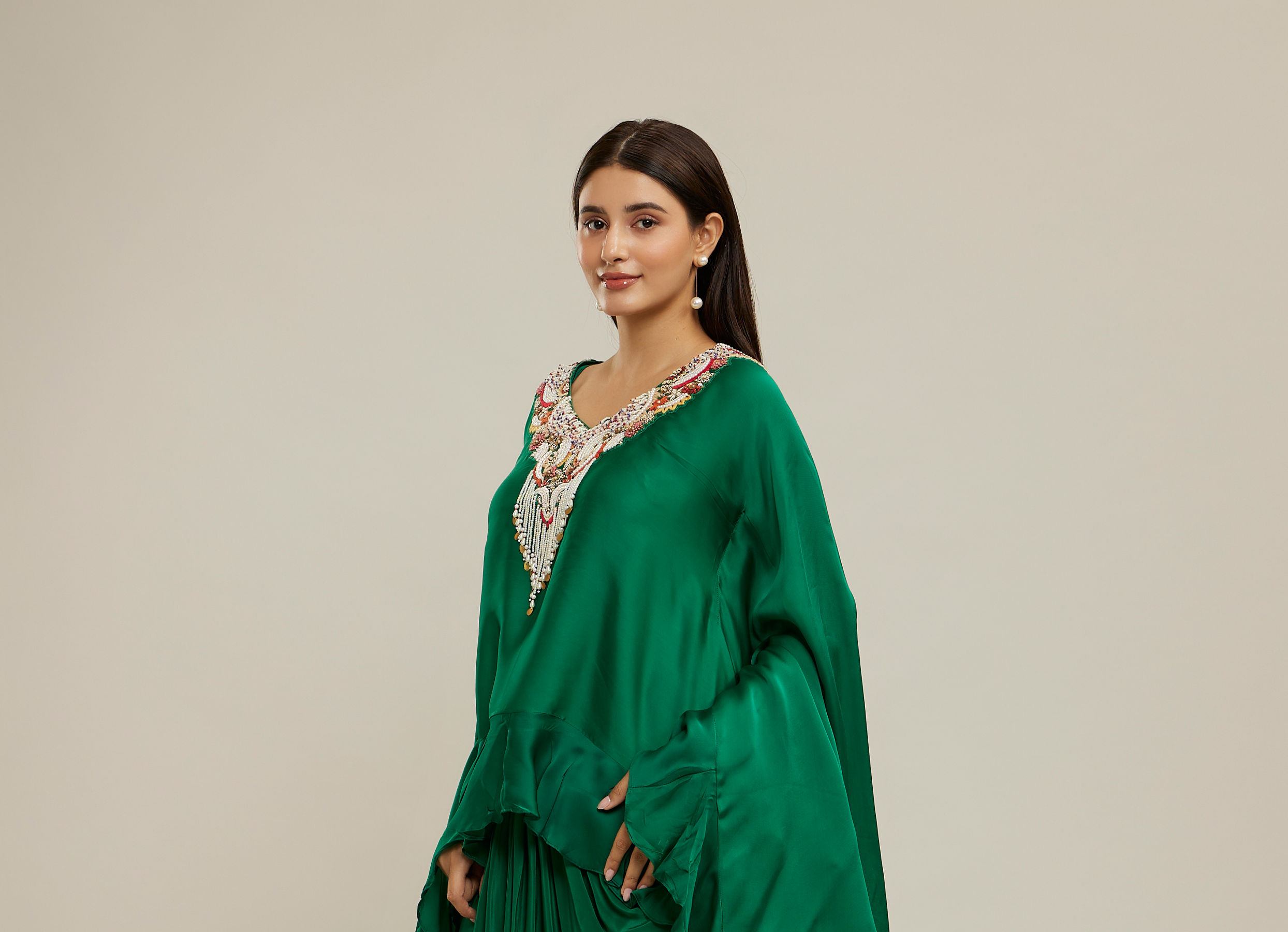 Twamev Women Emerald Green Silk Neck Embroidered Ruffle Cape Top With Draped Skirt