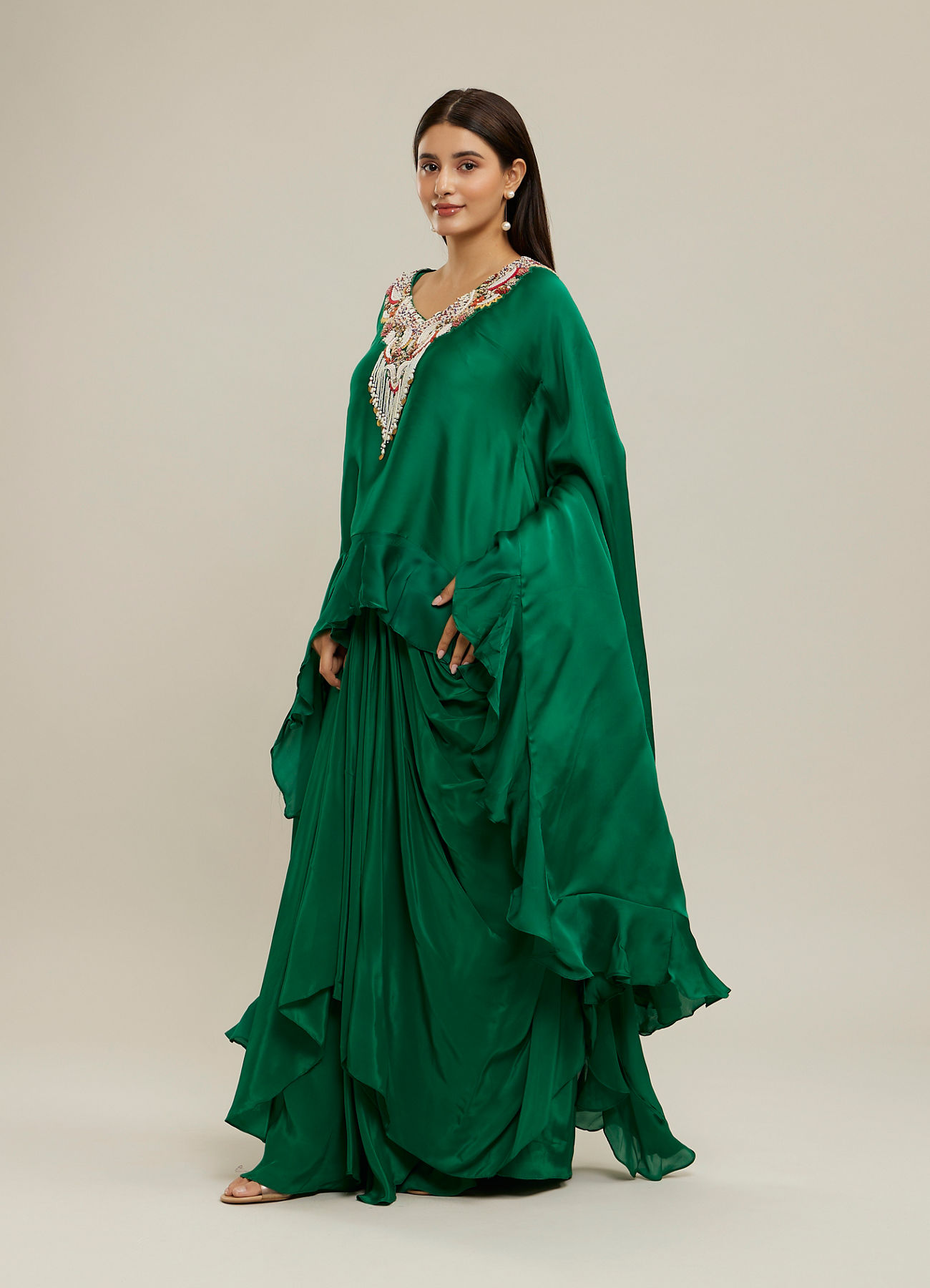Twamev Women Emerald Green Silk Neck Embroidered Ruffle Cape Top With Draped Skirt