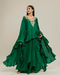 Twamev Women Emerald Green Silk Neck Embroidered Ruffle Cape Top With Draped Skirt