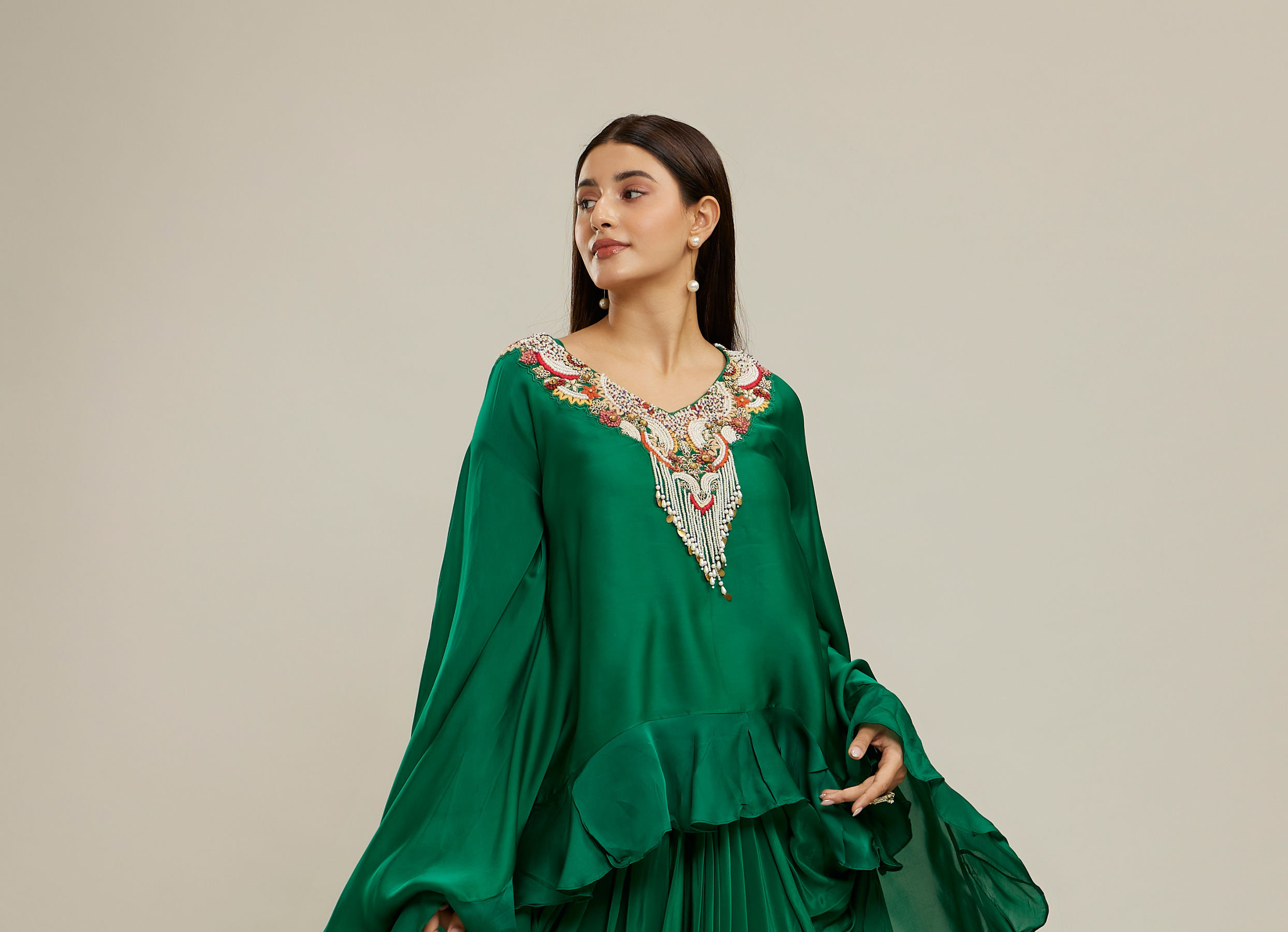 Twamev Women Emerald Green Silk Neck Embroidered Ruffle Cape Top With Draped Skirt