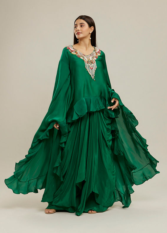 Twamev Women Emerald Green Silk Neck Embroidered Ruffle Cape Top With Draped Skirt