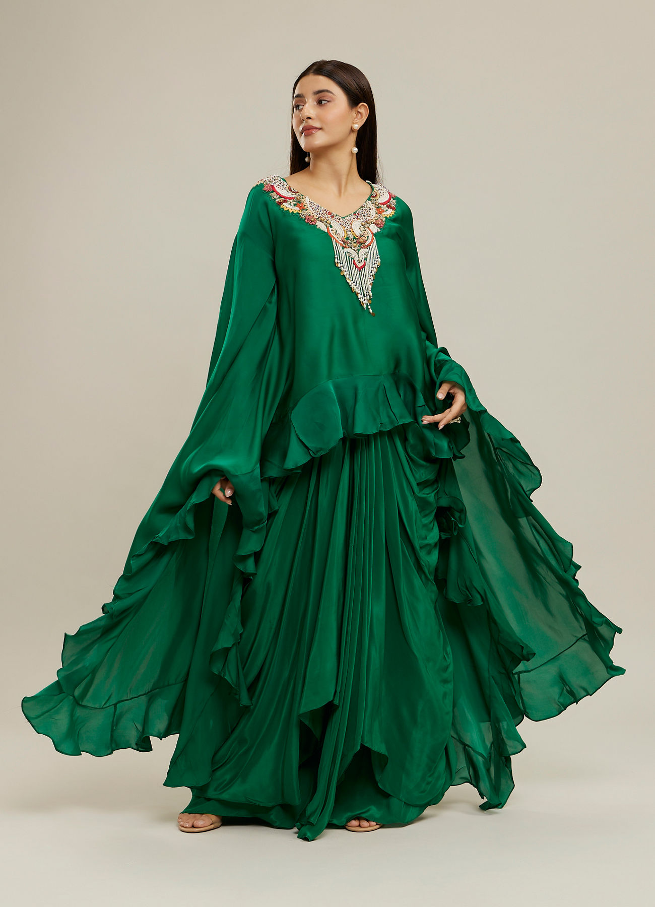 Twamev Women Emerald Green Silk Neck Embroidered Ruffle Cape Top With Draped Skirt