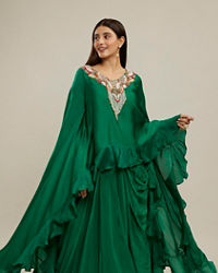 Twamev Women Emerald Green Silk Neck Embroidered Ruffle Cape Top With Draped Skirt