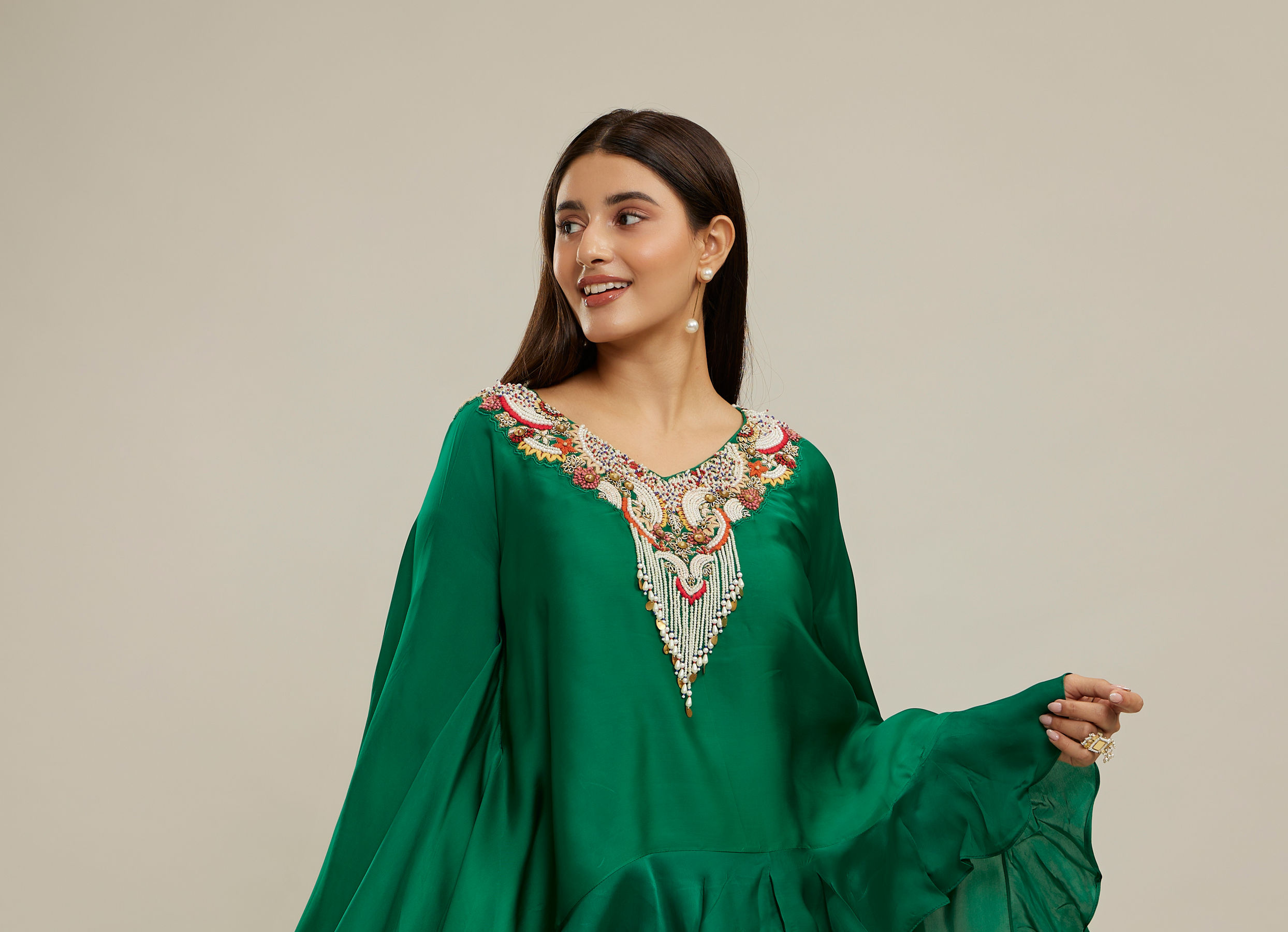 Twamev Women Emerald Green Silk Neck Embroidered Ruffle Cape Top With Draped Skirt