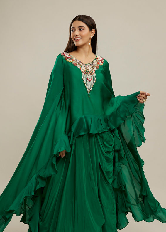 Twamev Women Emerald Green Silk Neck Embroidered Ruffle Cape Top With Draped Skirt