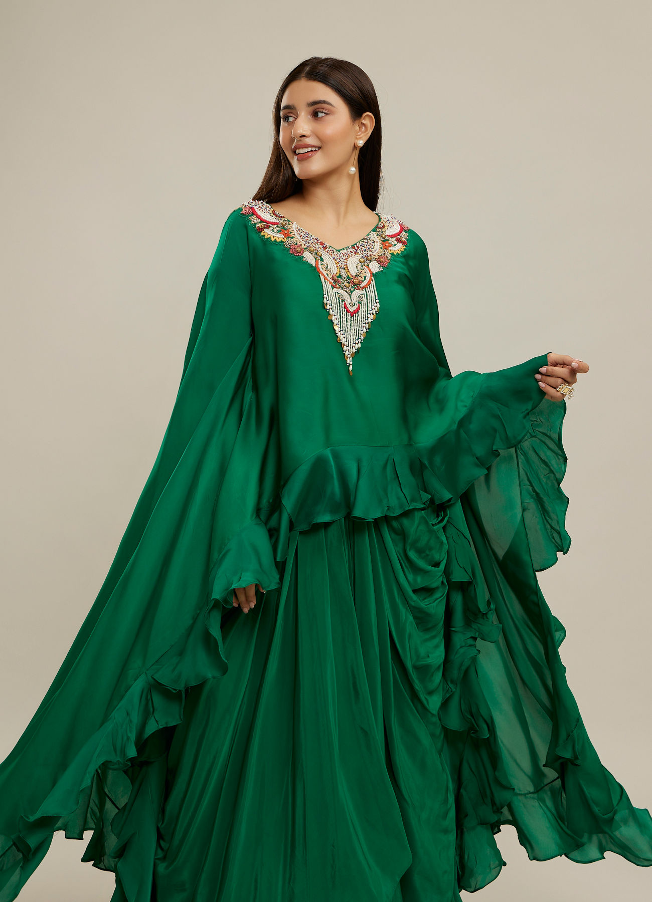 Twamev Women Emerald Green Silk Neck Embroidered Ruffle Cape Top With Draped Skirt