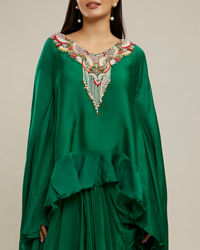 Twamev Women Emerald Green Silk Neck Embroidered Ruffle Cape Top With Draped Skirt