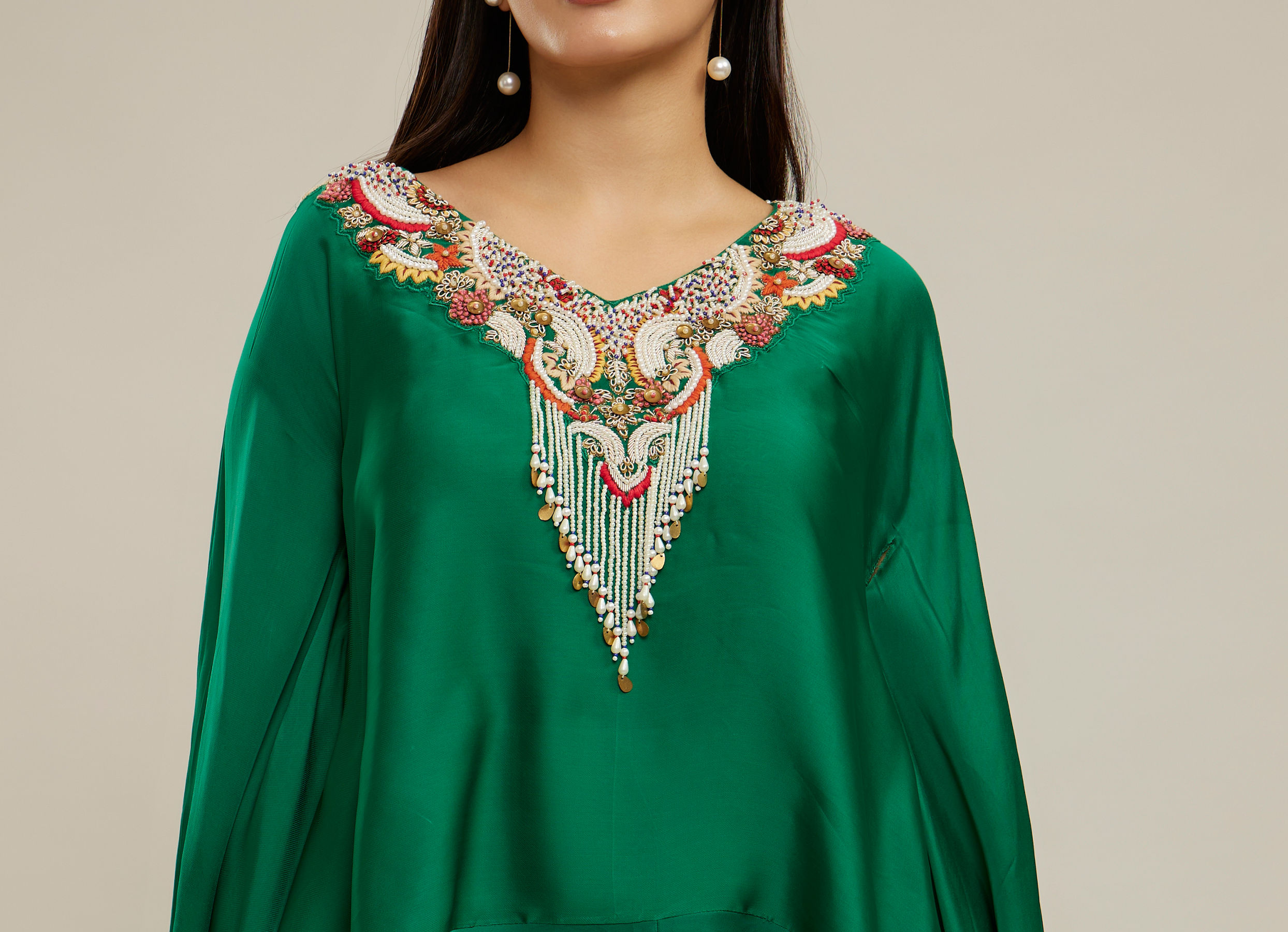 Twamev Women Emerald Green Silk Neck Embroidered Ruffle Cape Top With Draped Skirt