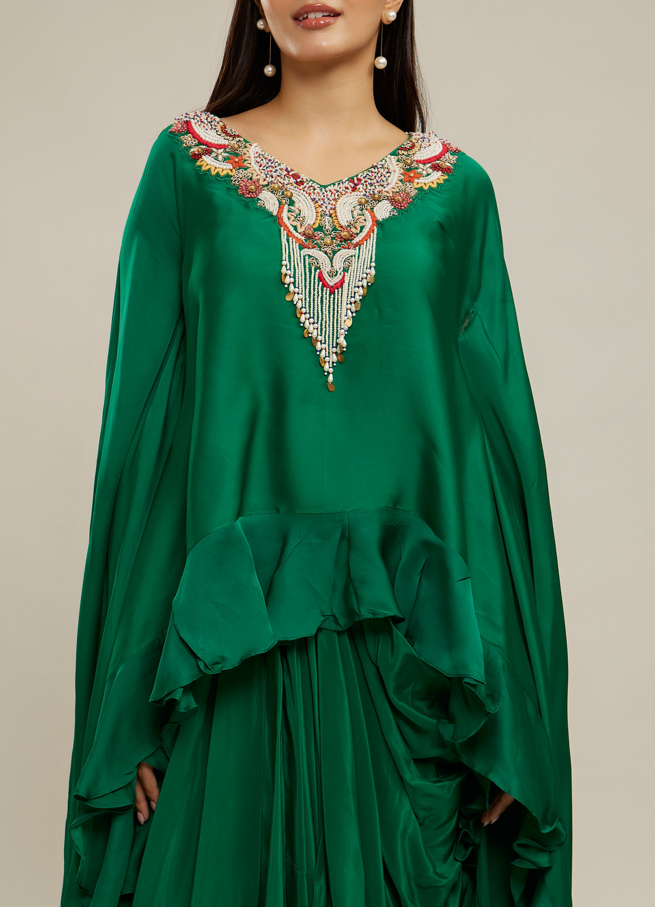Twamev Women Emerald Green Silk Neck Embroidered Ruffle Cape Top With Draped Skirt